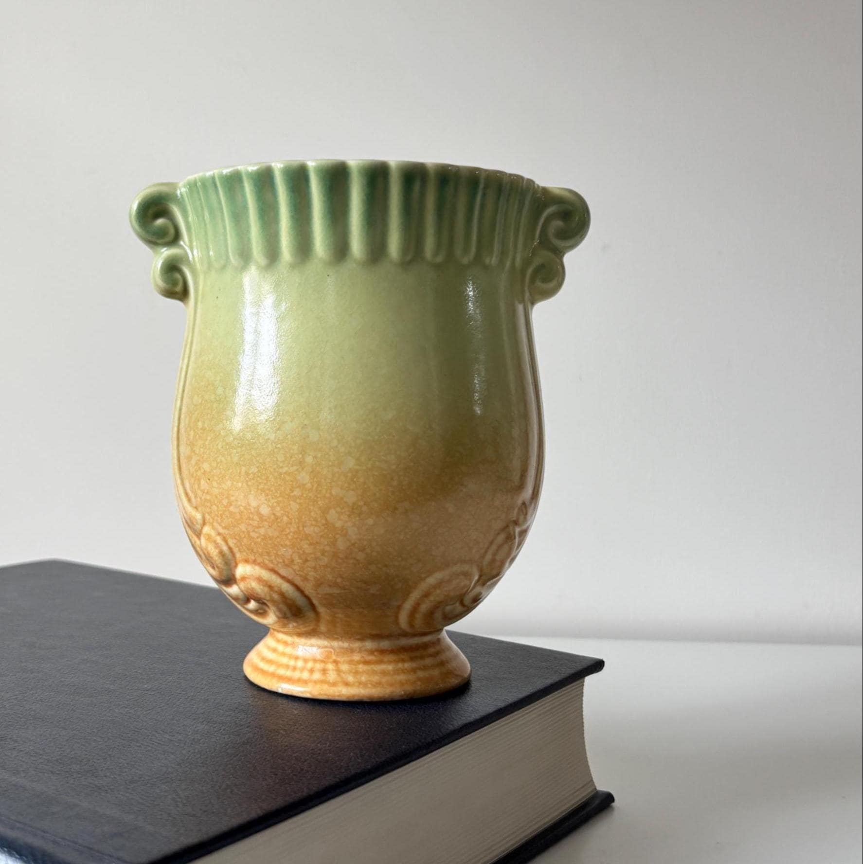 Vintage Crown Devon Art Deco Urn Vase Green Ochre Drip Glaze English Pottery