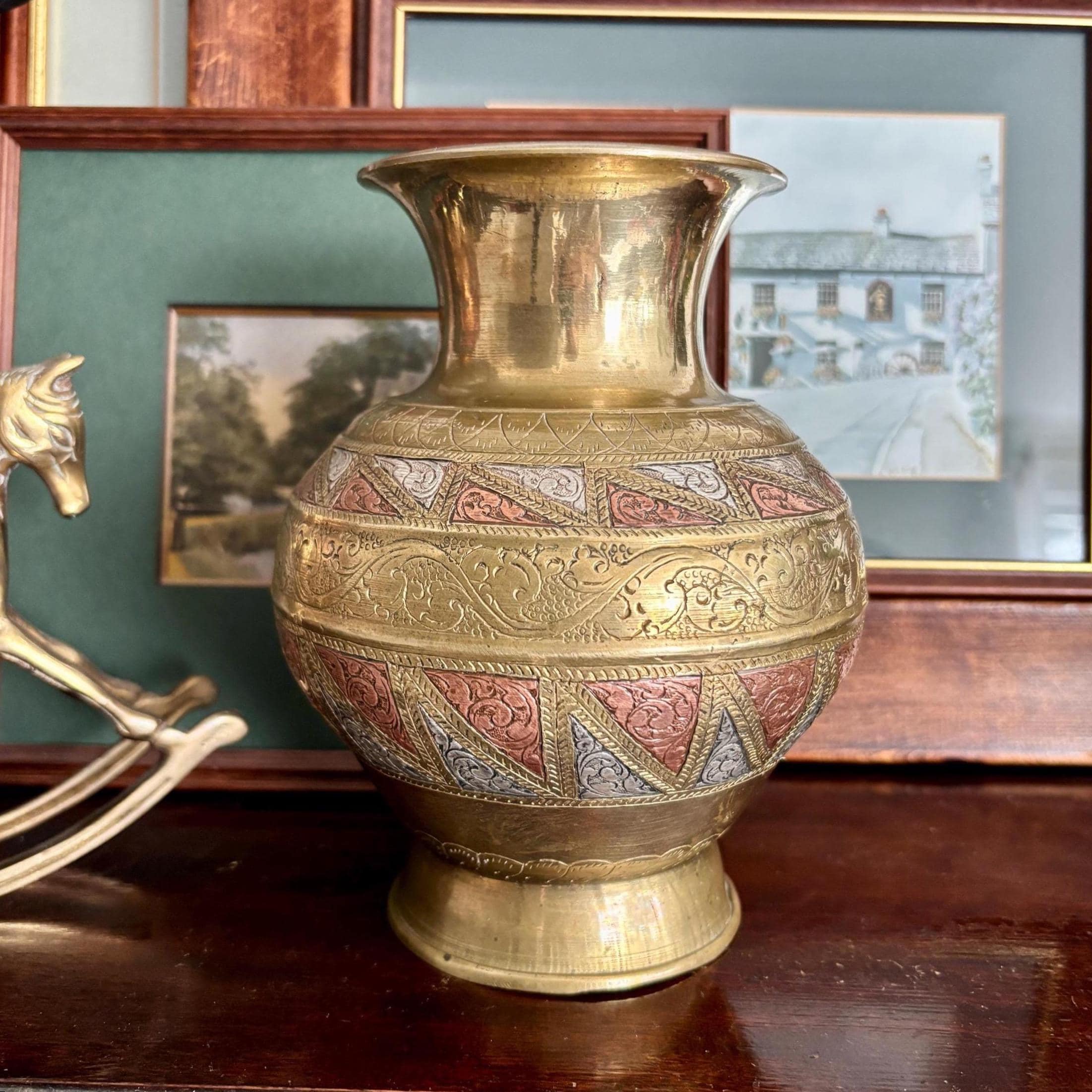 Vintage Indian Solid Brass Vase | Hand-Engraved Copper & White Metal Inlay