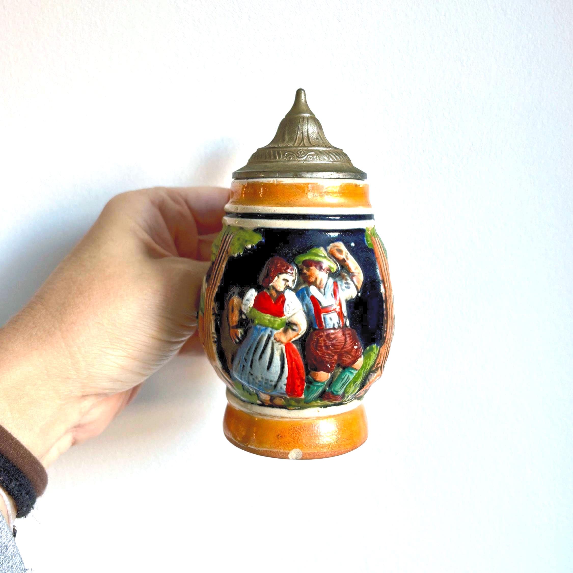 Small Vintage German Beer Stein with Pewter Lid | Hand-Painted Tavern Scene